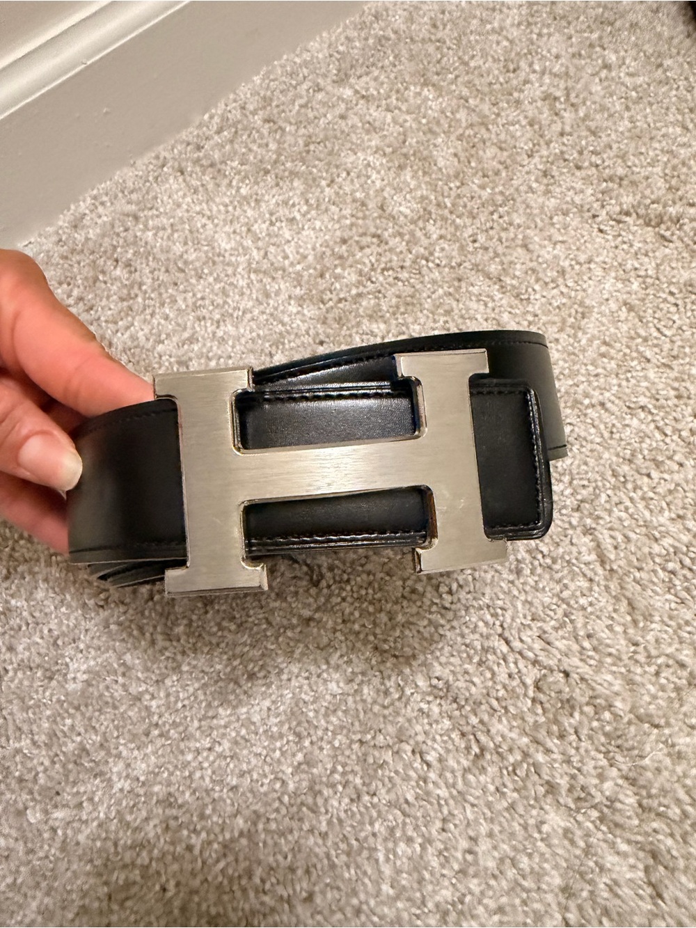 Black Leather Belt with Silver H-Shaped Buckle